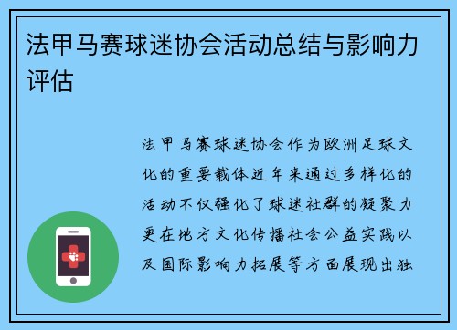 法甲马赛球迷协会活动总结与影响力评估